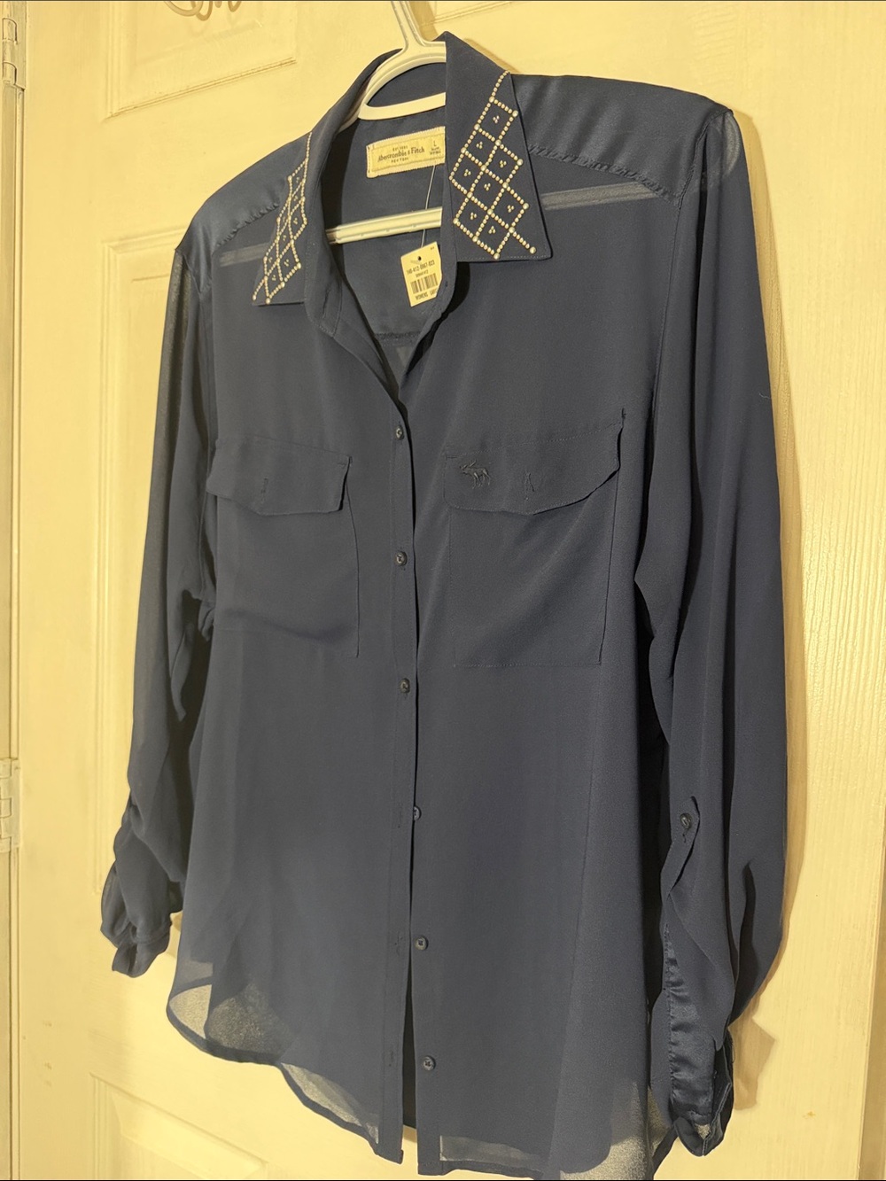 Abercrombie & Fitch Navy Button-Down Blouse with Embroidered Collar
